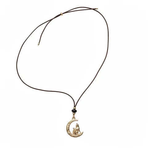 Vintage Alloy Moon Cat Pendant Necklace With Tiger Eye Stone Brown Faux Leather Cord Long Sweater Chain Jewelry For Women