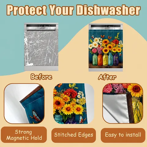 Magnetic Dishwasher Cover Refrigerator Wrap Polyester PVC Waterproof Appliance Decorative Sticker For Kitchen Home Decor
