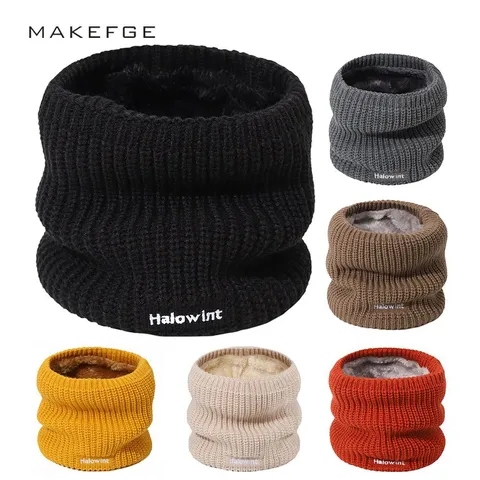 Winter Knitted Neck Warmer Fleece Lined Thickened Thermal Snood Scarf Solid Color Outdoor Cycling Windproof Neck Protector For Men Women