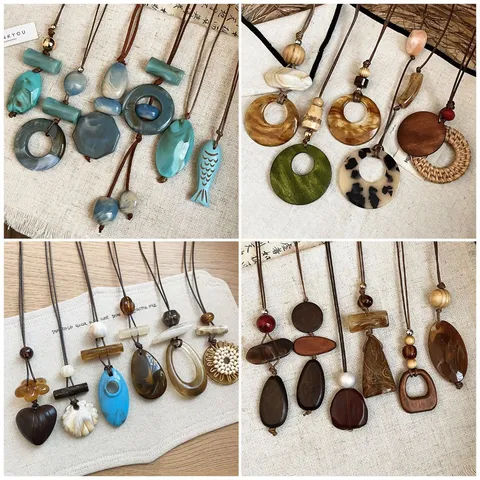 Harz Wassertropfen Anhänger Halskette Vintage Lederschnur Pulloverkette Lang Geometrisch Boho Schmuck Für Damen