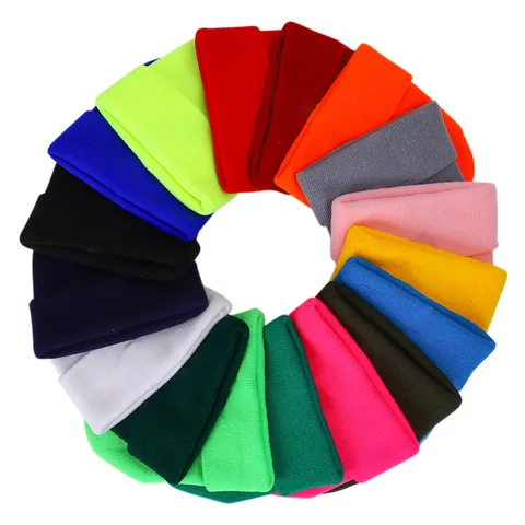 Gorro de Punto de Acrílico de Color Sólido Unisex con Dobladillo Cálido Suave de Invierno para Hombres Mujeres