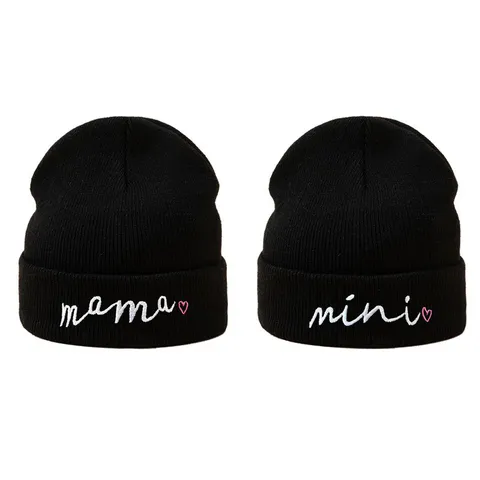 Parent-Child Mama Mini Embroidered Knit Beanie Hat Winter Warm Acrylic Solid Color Skull Cap Outdoor Headwear