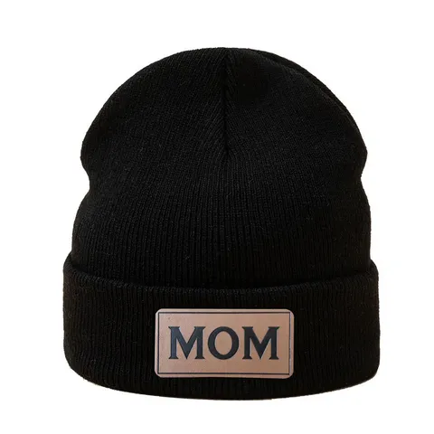 Damen Acryl Strickmütze Mit Lederpatch Lässig Umschlagkrempe Warm Ski Mütze Outdoor Sport Winter Strick Bonnet