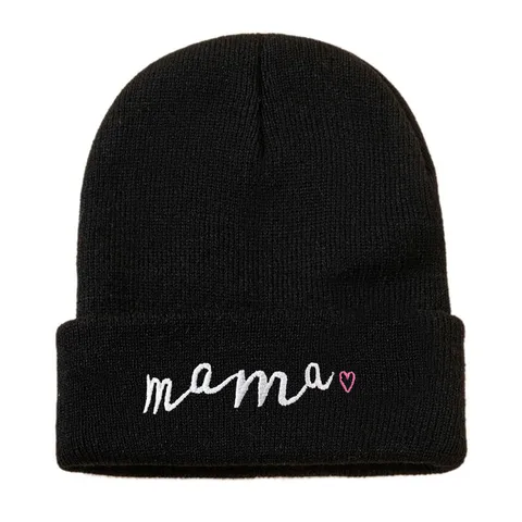 Parent-Child Mama Mini Embroidered Knit Beanie Hat Winter Warm Acrylic Solid Color Skull Cap Outdoor Headwear