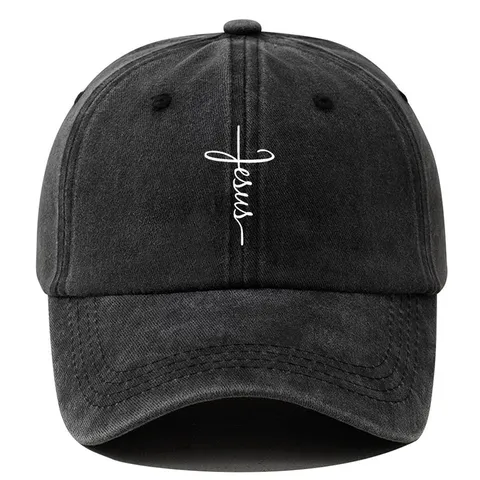 Gorra de Béisbol de Poliéster Lavado Vintage Con Estampado de Letras de la Cruz de Jesús Sombrero de Sol Ajustable para Hombre Mujer