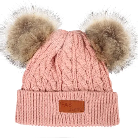 Cute Kids Acrylic Cable Knit Beanie Faux Fur Double Pom Poms Winter Warm Brimless Solid Color Hat For Toddler Infants