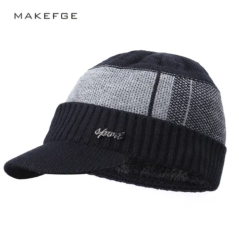 Winter Warm Bonnet en Tricot Doublé Polaire Épaissi Extérieur Sports Casquette de Baseball pour Hommes Femmes Rayures Décontracté Insigne de Lettre