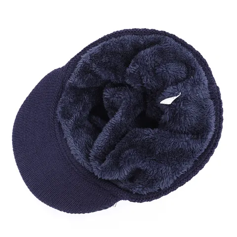 Men Winter Knitted Hat And Neck Warmer Set Warm Fleece Lined Skull Cap With Visor Windproof Outdoor Sport Beanie For Cold Weather