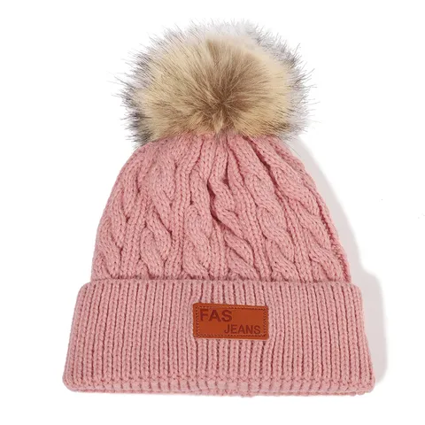 Kinder Warme Strickmütze Herbst Winter Zopfmuster Bommel Mütze Für Jungen Mädchen Lederetikett Einfarbig Kuschelige Mütze