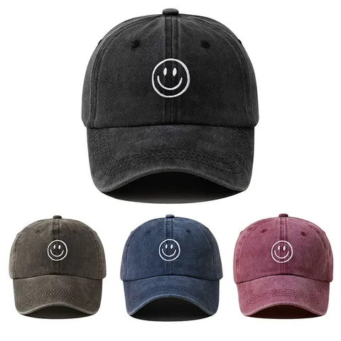 Gorra de Béisbol Unisex Soft Top Con Bordado Cara Sonriente Poliéster Lavado Ajustable Sombrero de Protección Solar