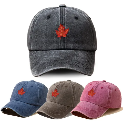 Vintage Washed Polyester Baseball Cap Red Maple Leaf Embroidered Adjustable Outdoor Sunshade Hat For Men And Women