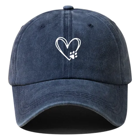 Gorra de Béisbol de Poliéster Lavado Con Estampado de Corazón y Pata de Perro Sombrero de Sol Distressed Ajustable para Exterior
