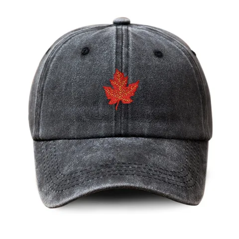 Vintage Washed Polyester Baseball Cap Red Maple Leaf Embroidered Adjustable Outdoor Sunshade Hat For Men And Women