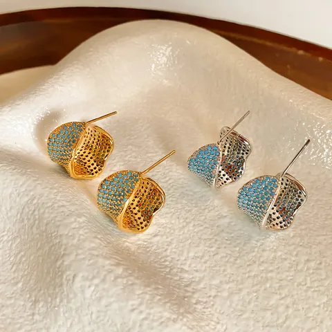 Vintage Hofstil Kupfer Blau Strass C Förmige Ohrstecker Mit Silber Ohrringpfosten Echtgold Vergoldet Geometrische Ohrringe Für Damen Premium Schmuck