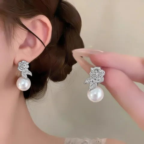 Camellia Flower Zirconia Tassel Necklace Designer Copper Clavicle Chain Elegant Artificial Pearl Earrings Jewelry For Women