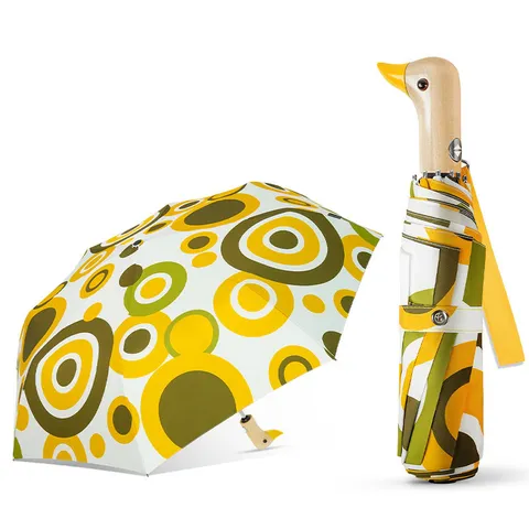 Paraguas Plegable Automático Con Mango De Madera Cabeza De Pato Protección UV Estampado Patrón Geométrico Limón Parasol Para Mujeres