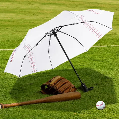 American Sports Retro Baseball Stitching Printed Foldable Fully Automatic Umbrella Waterproof Sunshade Pongee Fabric 3-Fold Compact Sun Rain Umbrella