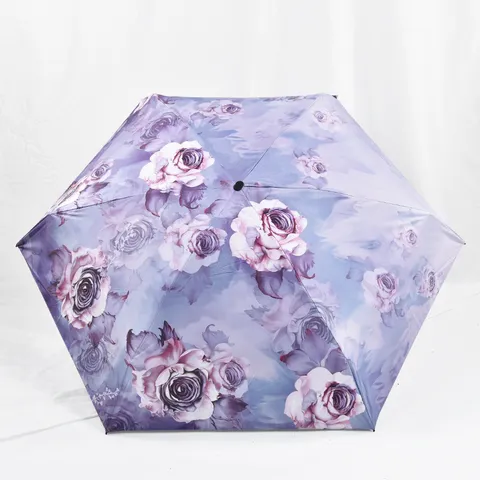 Mini Six-Fold Pocket Umbrella Artistic Oil Painting Rose Print Black Coating Sun Protection Sun Rain Umbrella For Women Compact Portable Parasol