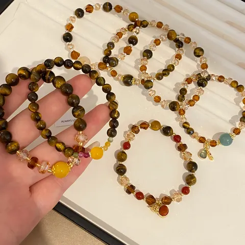 Retro New Chinese Style Tiger Eye Stone Glass Beaded Bracelet Maillard Brown Gold Crystal Stretch Hand Chain Women Jewelry