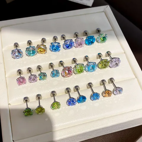 Fashion Stainless Steel Colorful Rhinestone Round Thread Stud Earrings Geometric Sparkly Circular Multi Color Ear Studs Daily Jewelry Gift For Women