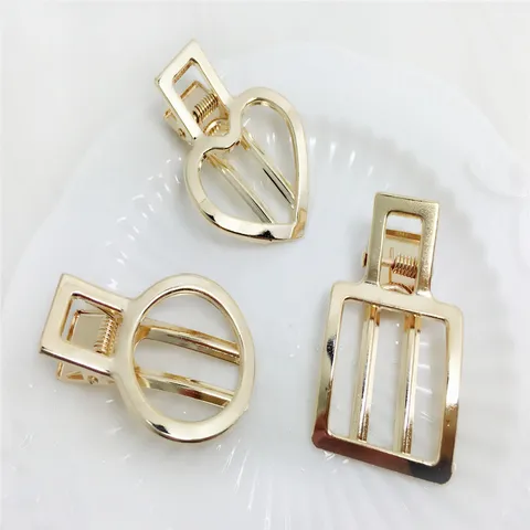 Hollow Geometric Metal Hair Clip Findings Gold Electroplated Round Heart Square Styling Duckbill Clips DIY Materials For Women