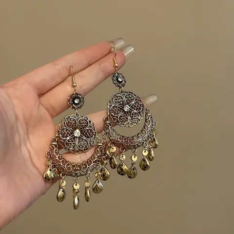 Vintage Ethnic Style Flower Water Drop Tassel Earrings Alloy Moissanite Drop Earrings With Steel Post For Women Retro Jewelry