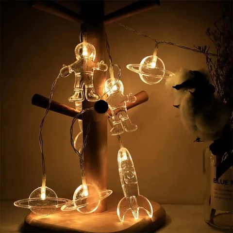 Space Theme Astronaut Rocket Planet LED String Lights Plastic Transparent Night Light Children Room Decor Battery Powered Fairy Lights