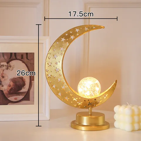 Gold Eisen LED Mond Stern Schloss Palast Tisch Nachtlicht Warm Kette Crackle Glasball Ramadan Eid Festliche Dekolampe