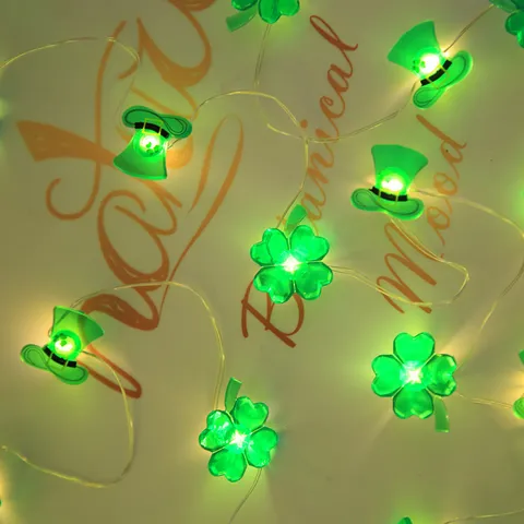 St Patrick Day Plastic LED String Lights Shamrock Green Hat Battery Operated Fairy Lights For Festival Party Home Decor