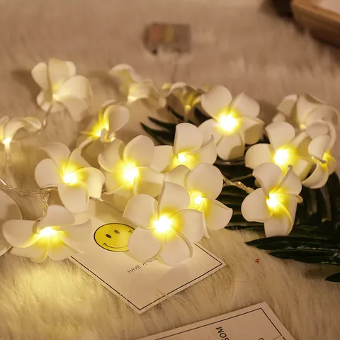 LED Plumeria Flower String Lights Battery USB Powered For Bedroom Festival Wedding Decor Artificial Frangipani Fairy Lights Warm White Pink Night Light
