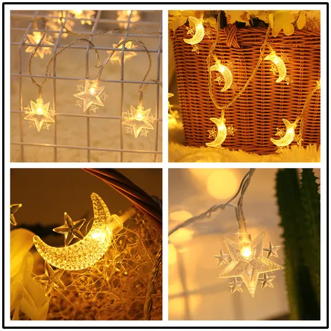 Guirnalda de Luces LED de Estrella y Luna Cielo Estrellado Pentagrama Luces de Hadas Habitación Iluminación Decorativa Festiva Blanco Cálido