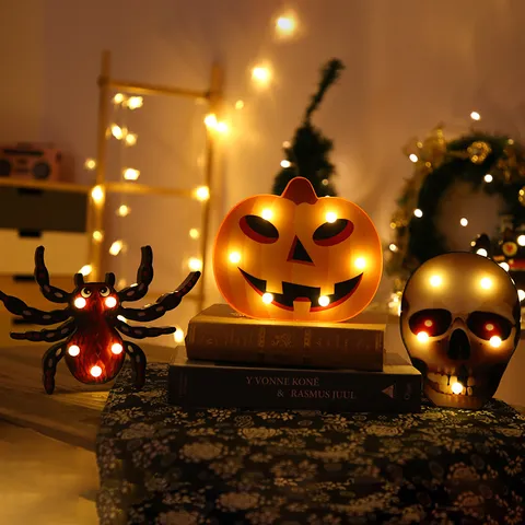 Halloween LED Araña Murciélago Calabaza Esqueleto Bruja Fantasma Luz Nocturna Decoración de Fiesta Accesorios Luminosos Decoración