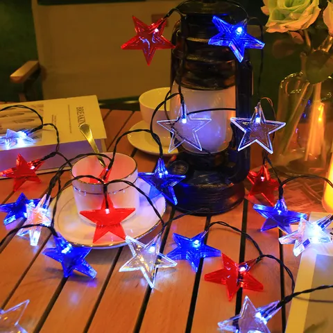 Guirnalda de Luces LED Solar Estrella Impermeable Rojo Blanco Azul Decorativa Exterior Para Día Independencia EE UU Jardín