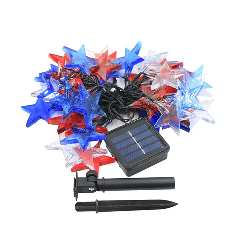 Guirnalda de Luces LED Solar Estrella Impermeable Rojo Blanco Azul Decorativa Exterior Para Día Independencia EE UU Jardín