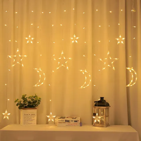 Luces de Cortina LED de Estrella y Luna Navidad Hada Cadena de Luces Blanco Cálido Control Remoto Interior Fiesta Decoración