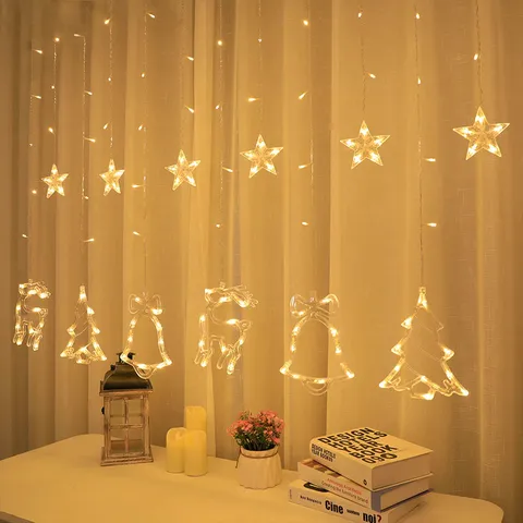 Luces de Cortina LED de Estrella y Luna Navidad Hada Cadena de Luces Blanco Cálido Control Remoto Interior Fiesta Decoración