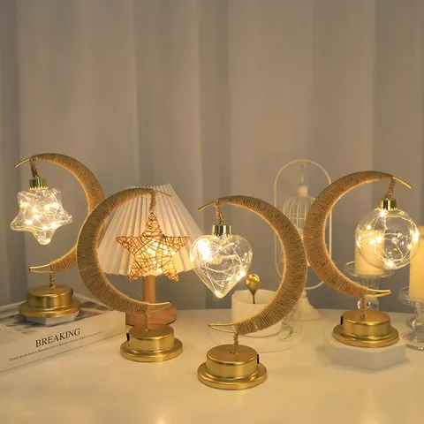 Luz Nocturna LED de Cuerda de Cáñamo Luna Estrella Corazón Bola Alimentada por USB Lámpara Decorativa de Noche Iluminación Cálida Regalo