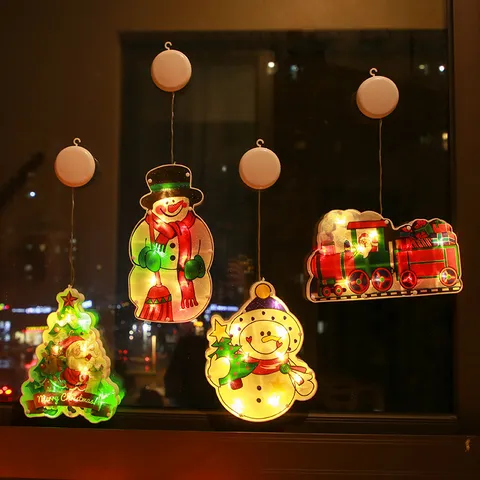 Christmas LED Window Suction Cup Lights Santa Claus Snowman Tree Bell Design Battery Operated Hanging Fairy Lights For Holiday Party Shop Decoration