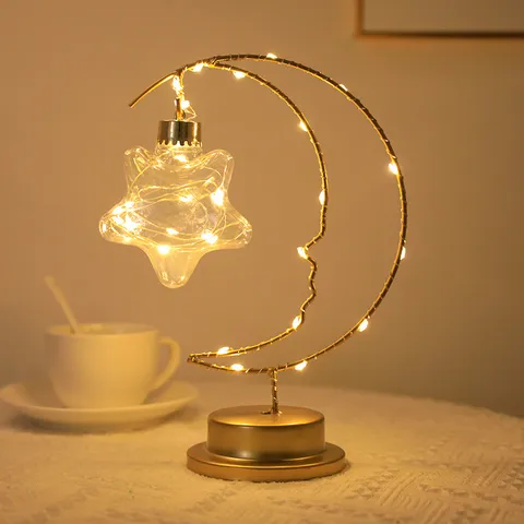 Lámpara de Mesa de Luz Nocturna LED de Luna de Arte de Hierro Blanco Cálido Estrella Corazón Bola Colgante Lámpara de Cabecera Decorativa