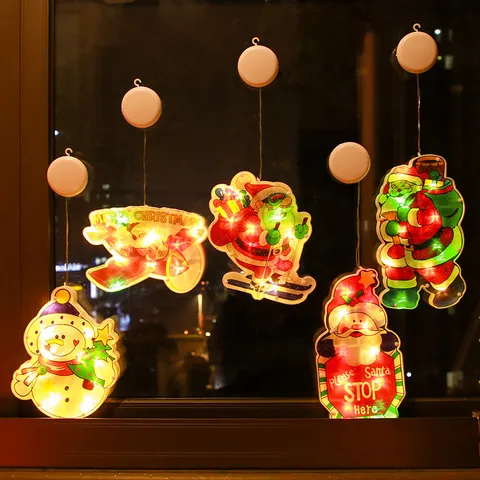 Christmas LED Window Suction Cup Lights Santa Claus Snowman Tree Bell Design Battery Operated Hanging Fairy Lights For Holiday Party Shop Decoration