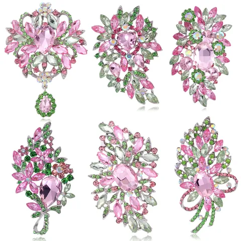 Vintage Alloy Rhinestone Flower Brooch Pin Pink Green Crystal Glass Floral Leaf Elegant Brooch Pin For Women Jewelry Gift