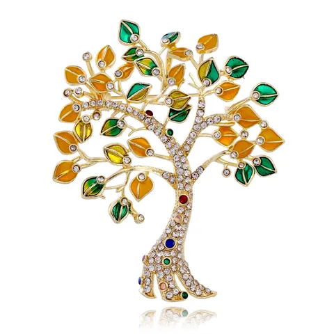 Broche Élégante en Alliage de Zinc Strass Arbre de Fortune Pour Femmes Émail Coloré Feuille Branche Épingle Accessoires Costume