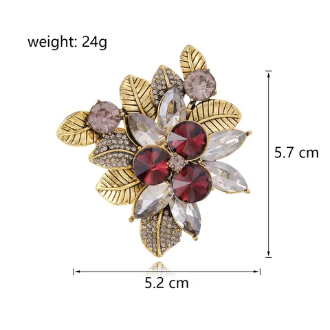 Vintage Antique Gold Alloy Floral Brooch Luxurious Ruby Red Crystal Flower Rhinestone Clothing Pins Brooches Fine Jewelry For Women Hat Accessory