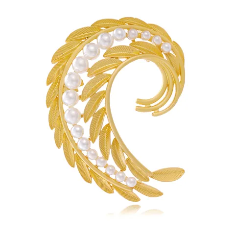 Elegant Alloy Artificial Pearl Feather Heart Brooch Gold Plated Leaf Lapel Pin For Women Office Workplace Jewelry Gift
