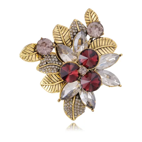 Vintage Antique Gold Alloy Floral Brooch Luxurious Ruby Red Crystal Flower Rhinestone Clothing Pins Brooches Fine Jewelry For Women Hat Accessory