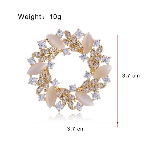 Elegant Copper Zirconia Flower Wreath Brooch Fashion Gold Plated Opal Leaf Clothing Pin Badge Accessories For Women Men Jewelry Gift