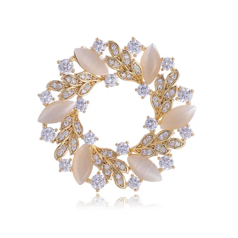 Elegant Copper Zirconia Flower Wreath Brooch Fashion Gold Plated Opal Leaf Clothing Pin Badge Accessories For Women Men Jewelry Gift