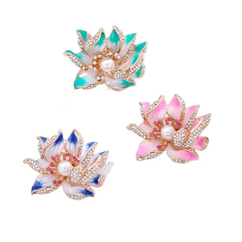 Vintage Chinese Style Alloy Enamel Lotus Peony Flower Brooch With Artificial Pearl Rhinestone For Women Cheongsam Accessories Gift