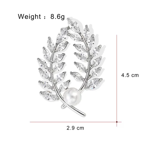 Luxury Wheat Ear Brooch Women Copper Zirconia Artificial Pearl Leaf Brooch Pin For Suits Banquet Wedding Party Jewelry