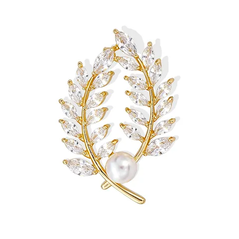 Luxury Wheat Ear Brooch Women Copper Zirconia Artificial Pearl Leaf Brooch Pin For Suits Banquet Wedding Party Jewelry